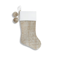 Caribou Beige Faux Fur Stocking with White Velvet Cuff and Pom Poms